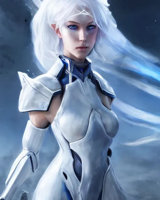 Image similar to perfect white haired girl, warframe armor, beautiful, pretty face, blue eyes, detailed, windy weather, scifi, platform, laboratory, experiment, 4 k, ultra realistic, epic lighting, high detail, masterpiece, by akihito tsukushi, charlie bowater, ross tran