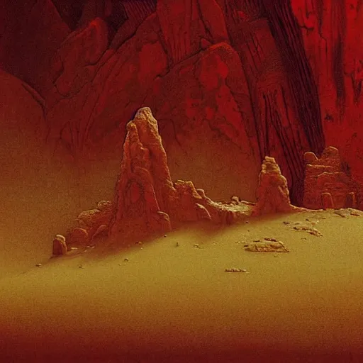 Prompt: only red colour, alien landscape of wadi rum, filigree ornaments, jordan, volumetric lights, beksinski