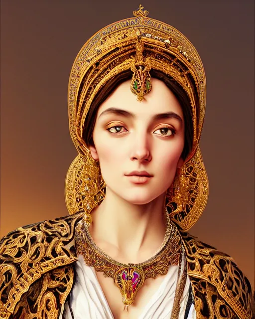 Image similar to photo of a gorgeous young bedouin woman wearing elaborate heavy baroque jewelry and headgear and rococo ornaments in the style of stefan kostic, realistic, sharp focus, symmetric, 8k high definition, insanely detailed, intricate, elegant, art by stanley lau and artgerm, William-Adolphe Bouguereau