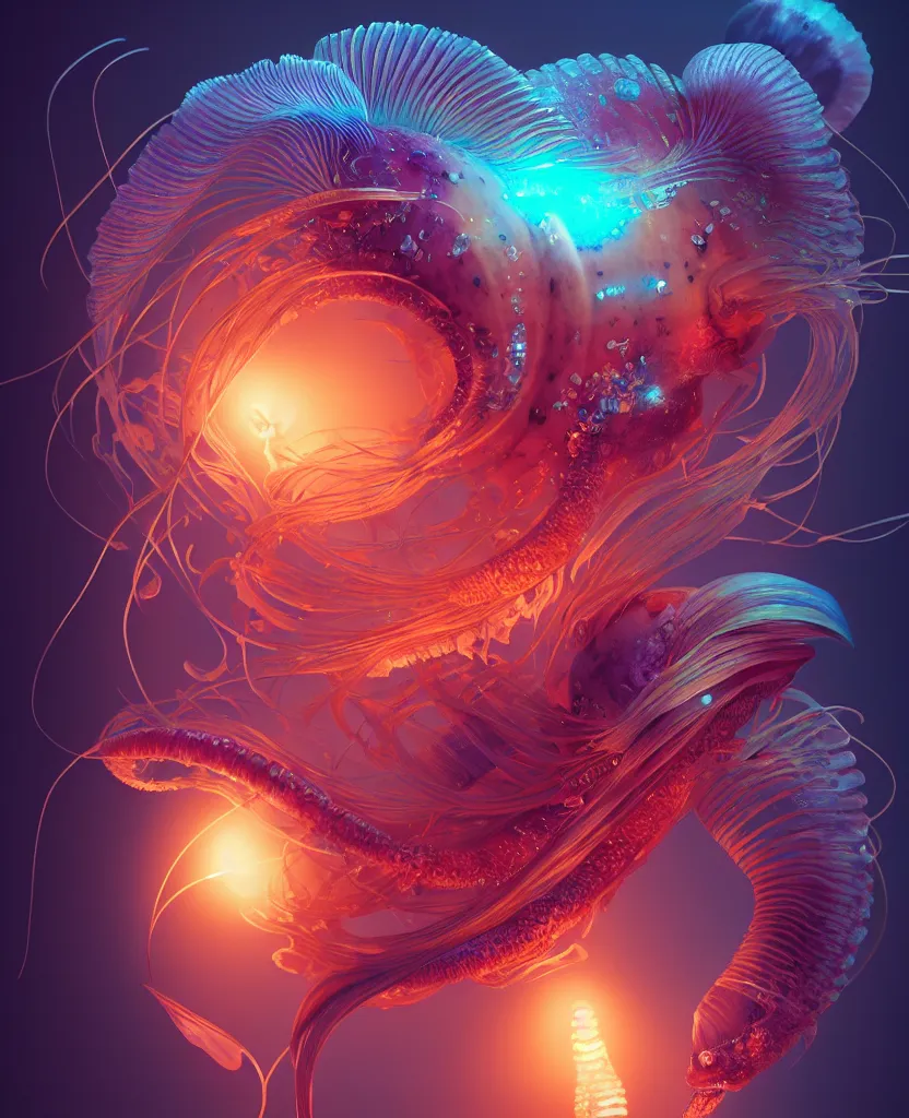 Image similar to goddess close-up portrait. orchid jellyfish phoenix head, nautilus, skull, betta fish, bioluminiscent creatures, intricate artwork by Tooth Wu and wlop and beeple. octane render, trending on artstation, greg rutkowski very coherent symmetrical artwork. cinematic, hyper realism, high detail, octane render, 8k