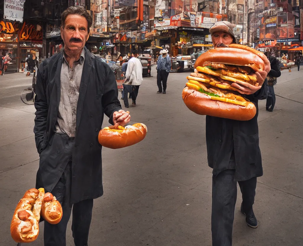 Image similar to closeup portrait of a man carrying a giant hotdog, smoky new york back street, by Annie Leibovitz and Steve McCurry, natural light, detailed face, CANON Eos C300, ƒ1.8, 35mm, 8K, medium-format print