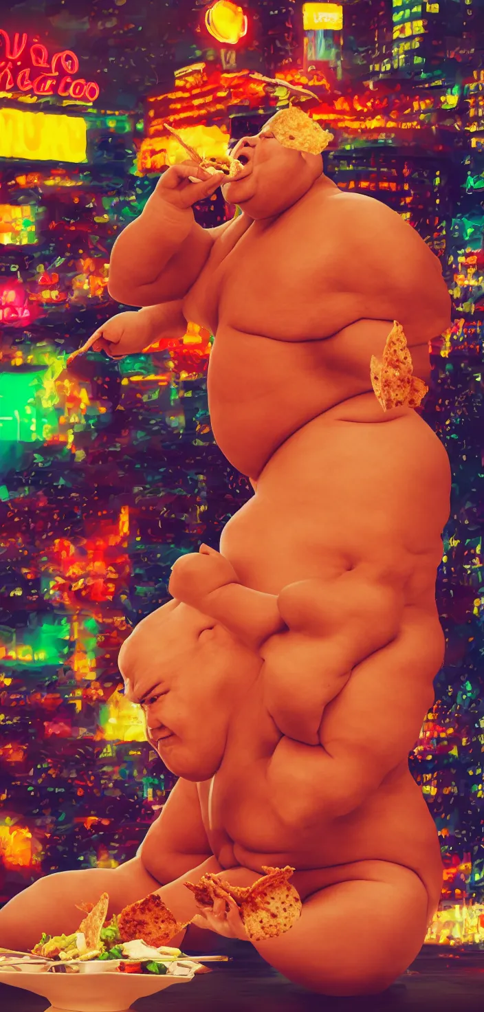 Image similar to sumo wrestler eating crispy tacos with hot sauce, photo realism, bokeh background, neon lights, city background, high definition, slr