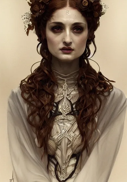 Prompt: mummy sansa in skeleton goddess of death and blood, intricate, elegant, highly detailed, digital painting, artstation, concept art, smooth, sharp focus, illustration, art by artgerm and greg rutkowski and alphonse mucha and william - adolphe bouguereau