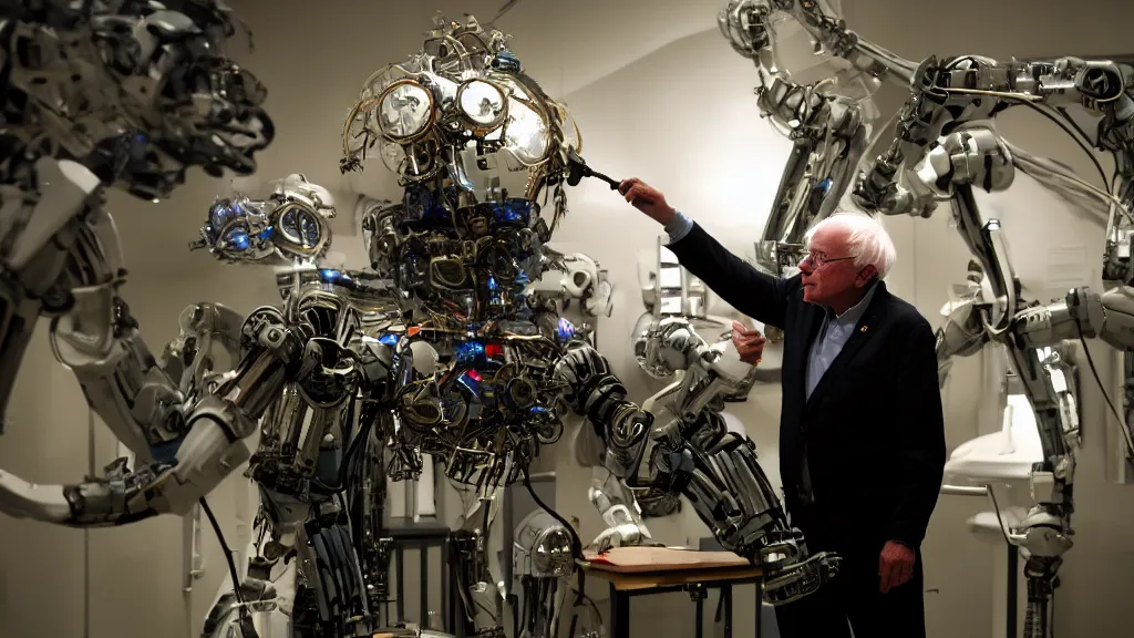 Prompt: bernie sanders putting the finishing touches on a complex magical clockwork doomsday robot, cinematic moody lighting, sharp focus, imax