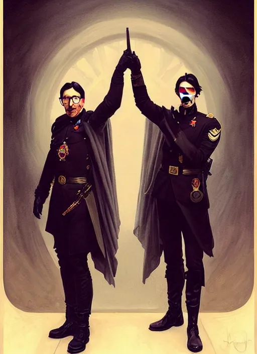 Prompt: a portrait of john oliver and adam driver posing together back to back, stoic, military uniform, fantasy, centered, dark background, smokey atmosphere, foggy atmosphere, art by artgerm and greg rutkowski and alphonse mucha