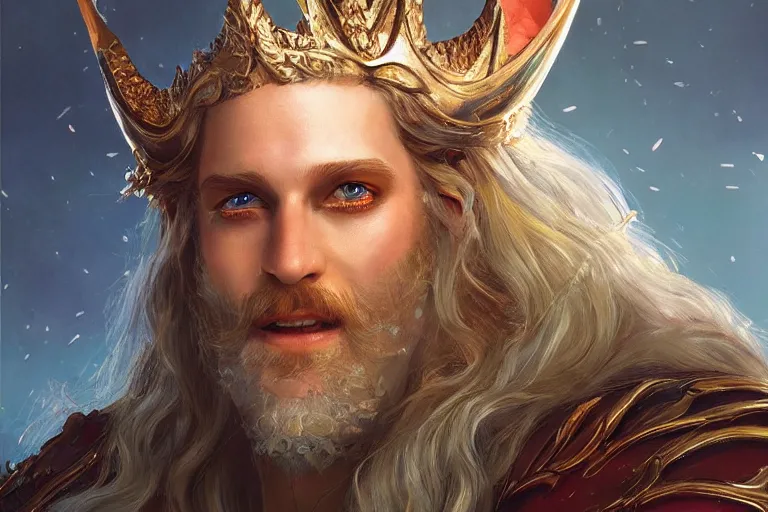 Prompt: A bright, happy painting of an Elven King, hyperrealistic, high-quality, professional, dramatic lighting, extremely high detail, trending on artstation