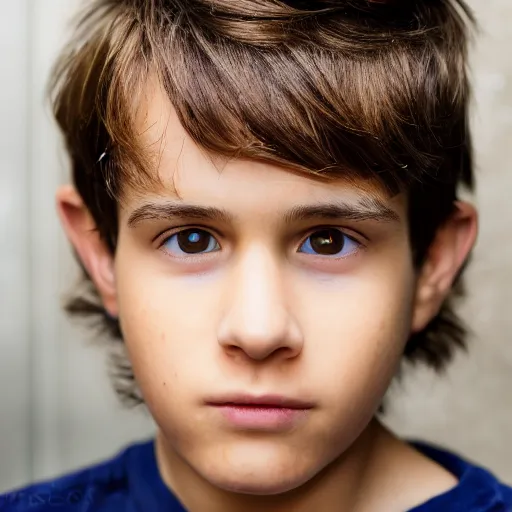 Image similar to a closeup portrait of a boy with brown hair and brown eyes. Extremely clear and high quality eyes with reflection, realistic face and details, clear lips and high quality