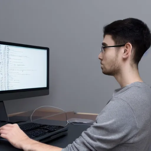 Image similar to a programmer sitting in front of a grey computer screen, with grey walls, grey clothes, and a grey light.