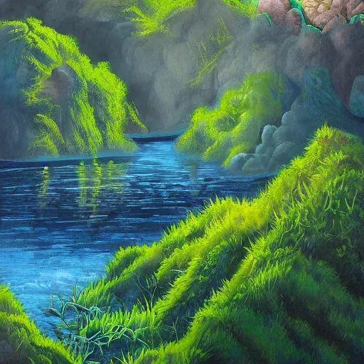 Image similar to detailed painting of a lush natural scene on an alien planet by stephen wong. beautiful landscape. weird vegetation. cliffs and water.