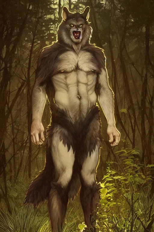 Image similar to fullbody portrait of a male werewolf, bared teeth, long claws, by greg rutkowski and alphonse mucha, gradient brown to silver, in front of a forest at night background, highly detailed portrait, digital painting, artstation, concept art, smooth, sharp focus illustration