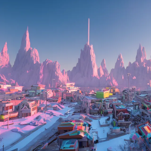 Image similar to new england futuristic fantasy city with a giant ice cream mountain range in the background, chimneys on buildings, colorful ice cream, light cinematic, otherworldly, volumetric, realistic, cinematic lighting, ray tracing, unreal engine 5, unreal engine render, octane render, hyper realistic, photo, 8 k