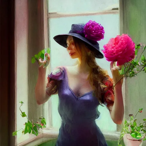 Image similar to a girl in a hat with a bouquet of peonies looks out the window at a blooming garden, vivid color, highly detailed, cyberpunk, digital painting, artstation, concept art, matte, sharp focus, art by vrubel