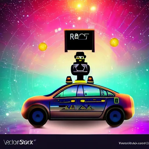 Image similar to Robot Taxi Driving through space, intergalactic background, vaporwave style