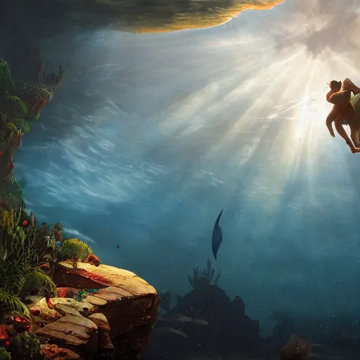 Image similar to man diving next to underwater box of treasure, beautiful dynamic lighting, cinematic, wide angle establishing shot, extremely high detail, photo realistic, cinematic lighting, post processed, concept art, artstation, matte painting, style by frederic church, raphael lacoste, unreal engine 8k