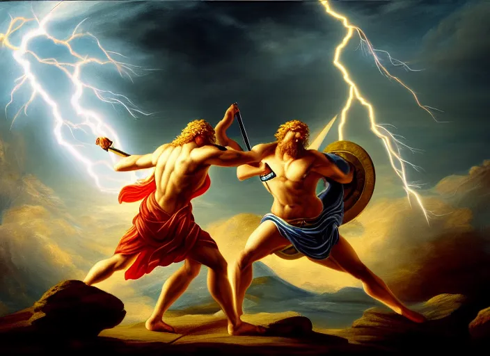 Image similar to soft painting of zeus fighting chronos with a spear of lightning at the top of mount olympus. fantasy style. highly detailed 8 k. intricate. lifelike. soft light. nikon d 8 5 0 5 5 mm. dof. cinematic post - processing.