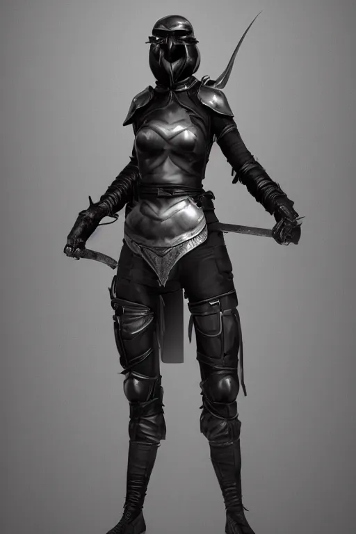 Image similar to female adventurer in tight full - body black leather armor of japanese design and a black porcelain crow mask, trending in artstation, establishing shot