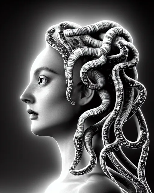 Image similar to mythical dreamy underwater black and white profile face portrait of translucent beautiful female angelic - medusa - vegetal, highly detailed, intricate crystal ivy jelly ornate, poetic, translucent algae ornate, digital art, octane render, 8 k artistic photography, photo - realistic, hg giger