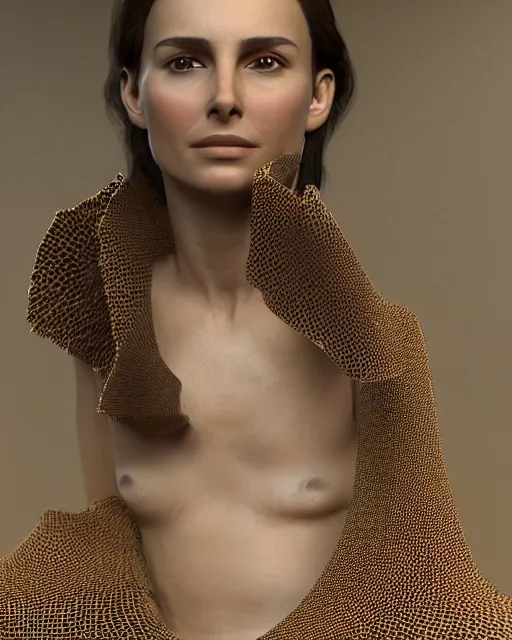 Prompt: 3 d render of nathalie portman wearing a high fashion outfit made from wood chips, octane render, intricate, elegant, by alyssa monks, highly detailed, fine details, masterpiece, trending on artstation