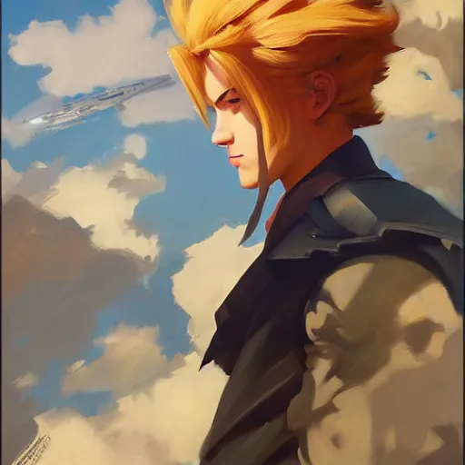 Image similar to greg manchess portrait of customer service cloud strife, medium shot, asymmetrical, profile picture, organic painting, sunny day, matte painting, bold shapes, hard edges, street art, trending on artstation, by huang guangjian and gil elvgren and sachin teng