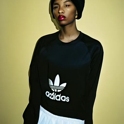 Image similar to realistic photoshooting for a new adidas lookbook, color film photography, portrait of a beautiful woman, in style of Tyler Mitchell, 35mm, film photo