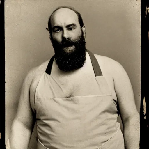 Image similar to photograph of a heavyset middle aged balding French man with a beard, a hairy chest and a pot belly wearing an apron