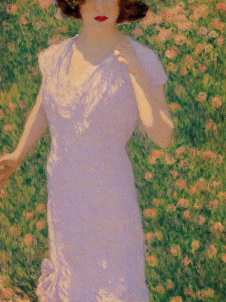 Image similar to portrait of < zelda fitzgerald > as a beautiful young lady wearing 1 9 2 0 s fashion, slim, fair, severe out of focus, depth of field, pleinairism, in the sun, backlit, closeup, oil on canvas, atr by monet, in the style of le promenade, smooth, impressionnisme, 8 k