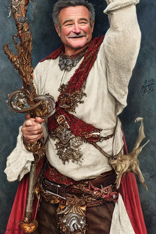 Prompt: an ultradetailed full body portrait of robin williams dressed as sheogorath, d & d, fantasy, intricate, elegant, highly detailed, digital painting, matte, sharp focus, illustration, art by john collier and albert aublet and krenz cushart and artem demura and alphonse mucha