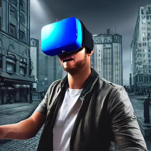 Image similar to funny Super hero wearing a virtual reality headset in big city, render, ray tracing