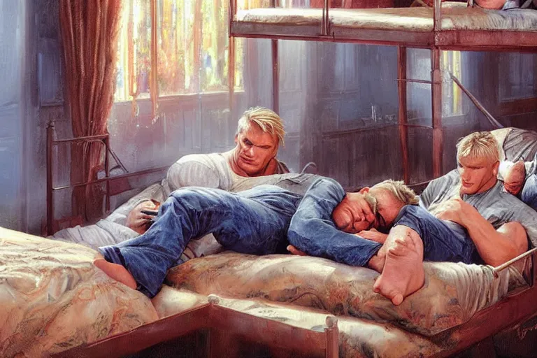 Image similar to portrait of dolph lundgren and slyvester stalone sleeping in bunk beds 1 9 9 4, an oil painting by ross tran and thomas kincade