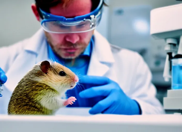 Image similar to film still of a hamster working in a research lab finding the cure for cancer, 8 k