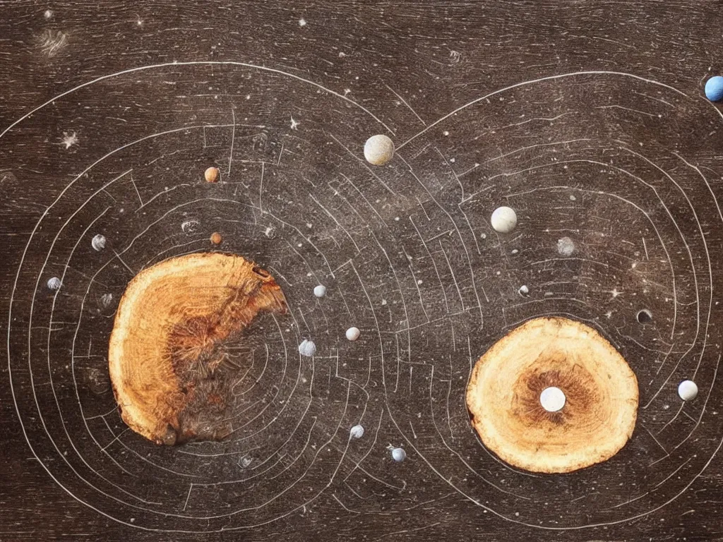 Prompt: wood engraving of a solar system diagram burned into a slice of log, on a white background