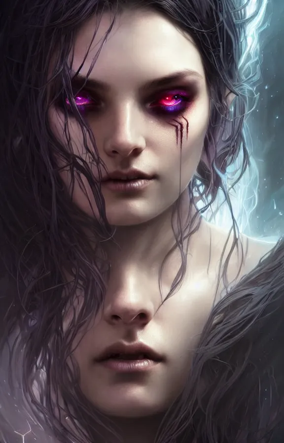 Image similar to Necromancer Sorceress face close-up macro in center, fantasy magic, undercut hairstyle, dark light night, intricate, elegant, sharp focus, illustration, highly detailed, digital painting, concept art, matte, art by WLOP and Artgerm and Greg Rutkowski and Alphonse Mucha, masterpiece