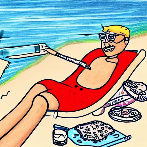 Image similar to a detailed drawing of a happy person who smoked too much weed, sunny day at the beach. pizza and pepsi at his side, joint still lit.