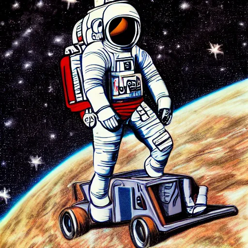 Prompt: drawing of steed situated on top of astronaut that standing on all fours