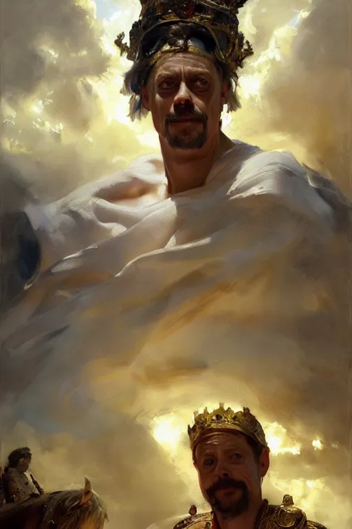 Image similar to beautiful expressive oil painting portrait of ancient roman god emperor steve buscemi ascending wearing the civic crown, art by anders zorn, wonderful masterpiece by greg rutkowski, beautiful cinematic light, american romanticism by greg manchess, jessica rossier