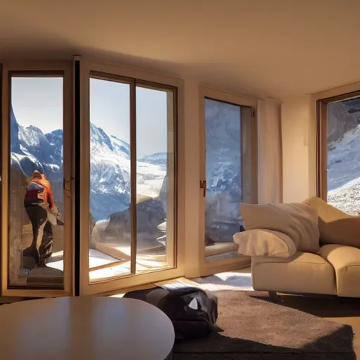 Image similar to a portal inside a living room, the portal leads directly to switzerland