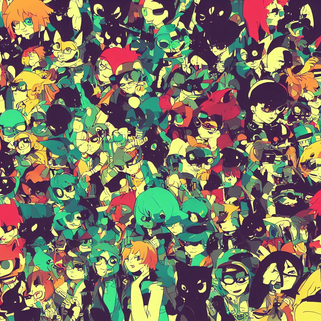 Image similar to cat heads, ryuta ueda artwork, jet set radio artwork, stripes, gloom, space, cel - shaded art style, broken rainbow, data, minimal, speakers, code, cybernetic, dark, eerie, cyber