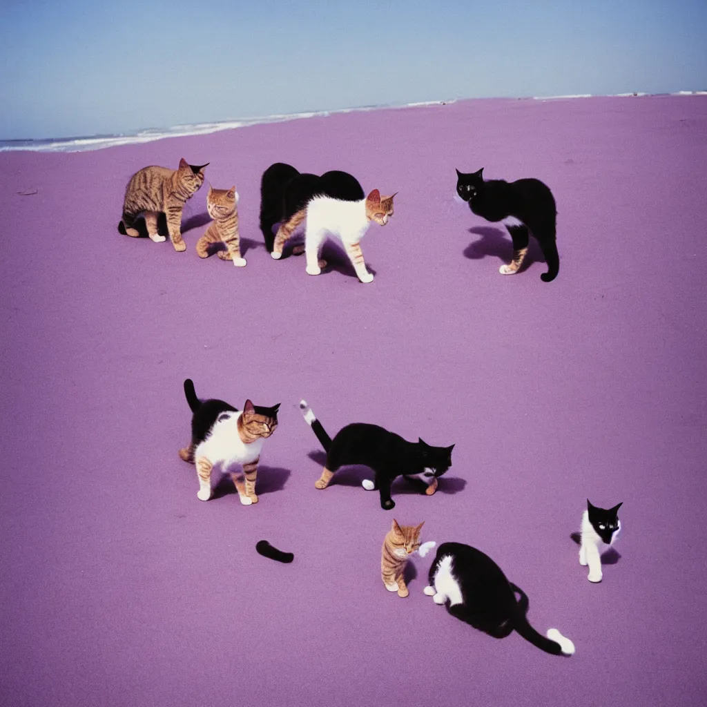 Image similar to cats on a purple beach, kodak gold 200,