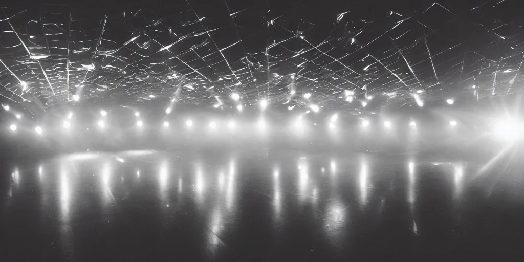 Image similar to an empty discotheque hall, with flashing strobe lights and smoke, color bleed, slight grain