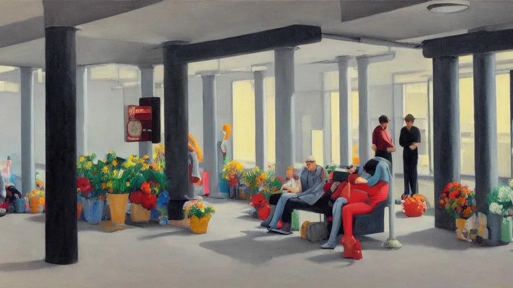 Image similar to seeral people waiting in bus stop with colorful minimalist industrial interior hallway with monolithic pillars in the style of ridley scott and stanley kubrick, impossible stijl architecture, bed of flowers on floor, ultra wide angle view, realistic detailed painting by edward hopper