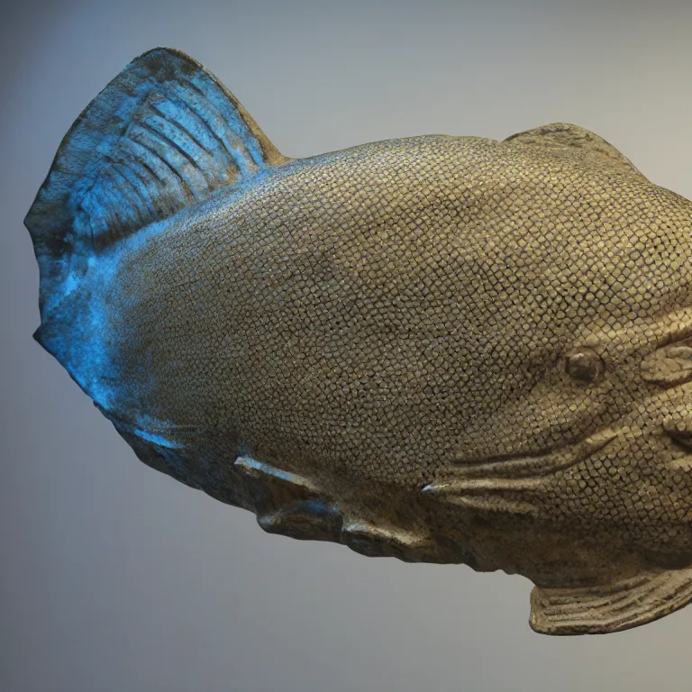 Image similar to hyperrealistic sculpture of a bronze fossilized flounder halibut on a pedestal made of gridded blue silicone and latex by ron mueck and duane hanson and lee bontecou, hyperrealistic dramatic colored lighting trending on artstation 8 k