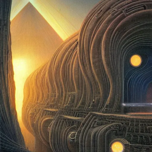 Image similar to The world is labyrinthine beyond possibility of imagining, inhabited on many levels by alien intelligence, infinite in extent, staggering in its beauty, terrifying in its weirdness, endlessly satisfying and peculiar, by Ralph McQuarrie and Bruce Pennington, cinematic lighting, hyper realism, high detail, iridescent accents