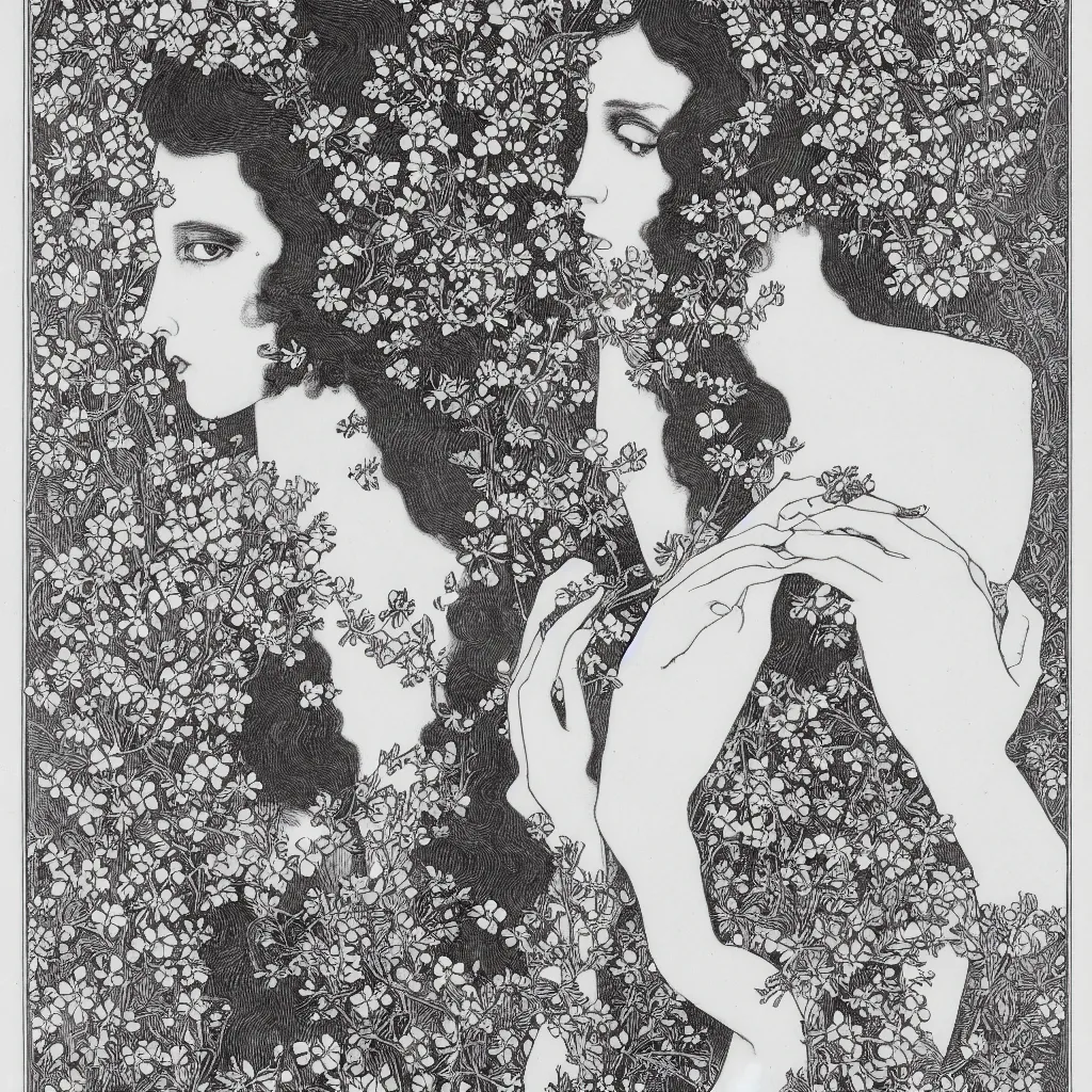 Prompt: , 4k, highly detailed, sharp focus 4k, highly detailed, sharp focus lithography by Aubrey Beardsley, Portrait of a beautiful woman with flowers in her hair