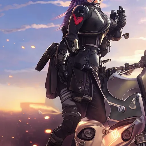 Image similar to panoramic view, a girl riding a motorbike, futuristic, soldier clothing, battlefield in background, anime style, hair down, symmetrical facial features, realistic hands, from arknights, hyper realistic, 4 k, extreme detail, trending artstation, safebooru, realistic lighting, by alphonse mucha, greg rutkowski, sharp focus