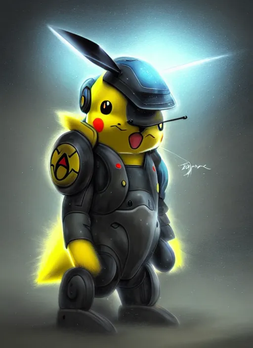 Image similar to pikachu themed mech suit in a thunderstorm, diffuse lighting, fantasy, highly detailed, photorealistic, digital painting, artstation, illustration, concept art, smooth, sharp focus, in the style of tom bagshaw