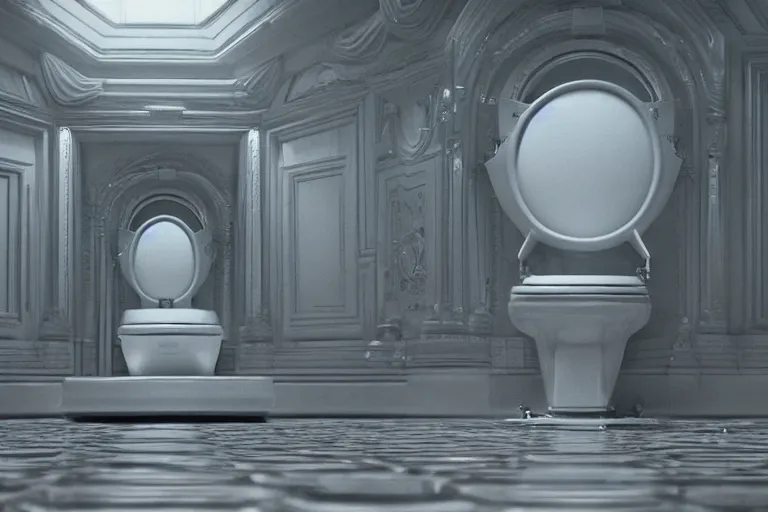 Prompt: hyperrealism aesthetic ridley scott photography of detailed ultra huge toilet in surreal scene from detailed art house movie in style of denis villeneuve and wes anderson