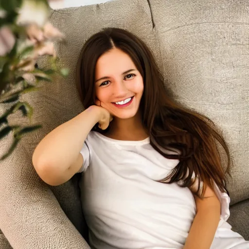 Image similar to a cute young woman smiling, long shiny bronze brown hair, full round face, green eyes, medium skin tone, light cute freckles, smiling softly, wearing casual clothing, relaxing on a modern couch, interior lighting, cozy living room background, medium shot, mid-shot, soft focus