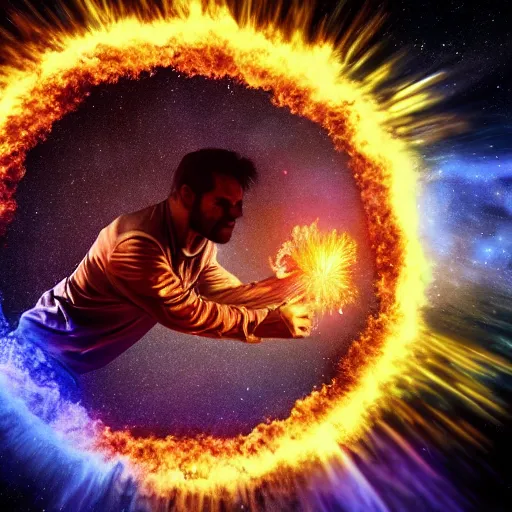 Prompt: man facing an exploding supernova. photorealism. epic.