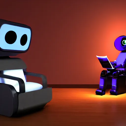 Image similar to futuristic studious matte brown and red and chrome full-body humanoid robot with two huge round expressive sad purple glowing LED eyes and open rectangular mouth sitting on a large comfortable cushioned 1950s vintage recliner reading a newspaper. open newspaper. wide Cinematic Movie Photograph, Arri Alexa, Extremely Detailed, smooth, very very clean, 8K, octane render, maya render, unreal engine, trending on artstation, DSLR, excellent composition, center frame