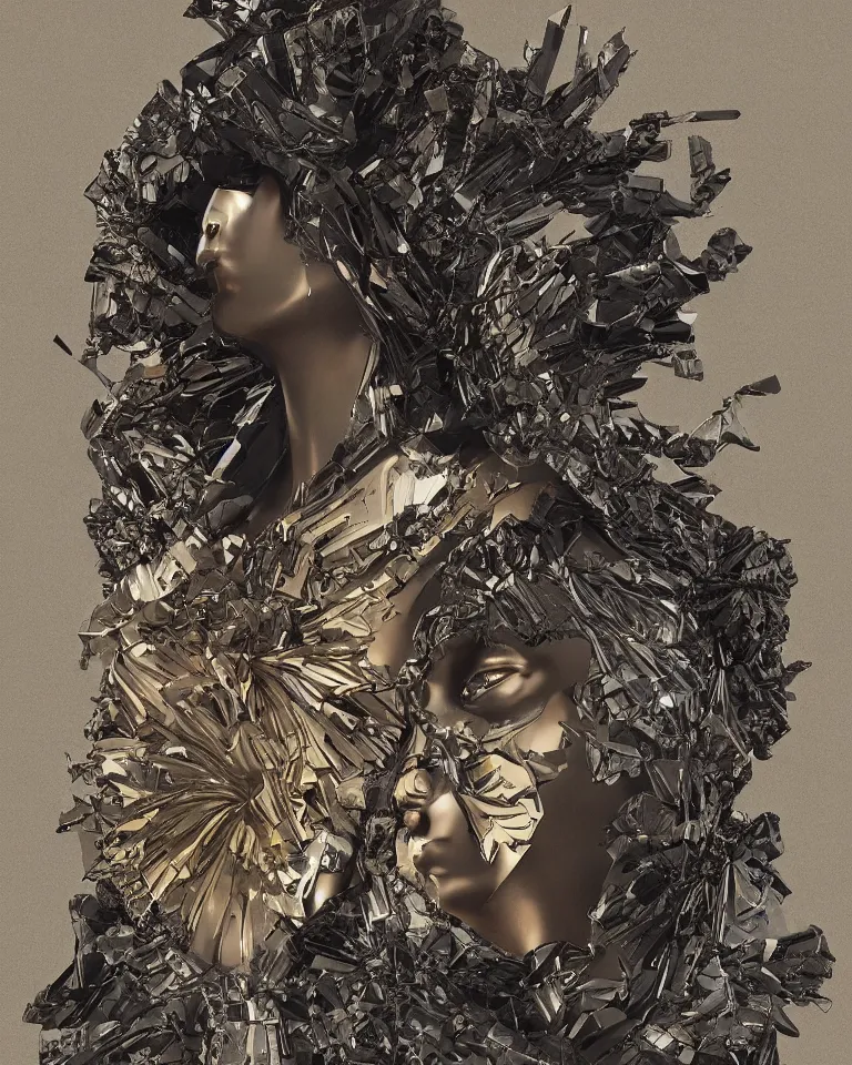 Image similar to symmetrical painting of a fractured obsidian statue of an east - asian goddess with helianthus and tropaeolum fixed with silver and kintsugi, rendered in octane trending on cgsociety. extremely detailed and intricate art